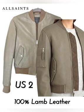 AllSaints Avalon Lamb Goat Genuine Leather Bomber Jacket Olive Green 2